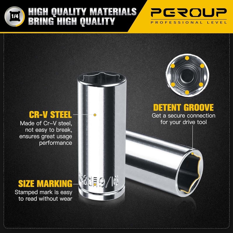 pgroup 1/4” Drive SAE Socket Set, 11PCS Deep Hex Socket Set (3/16”-9/16”), Cover Most Commonly Sizes, Chrome Vanadium Steel with 3/8”F to 1/4”M Socket Adapter - Image 4